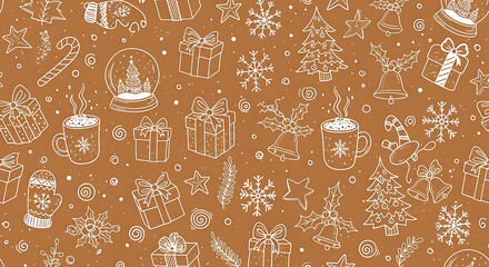 Festive holiday pattern gifts trees and seasonal decorations on tan background