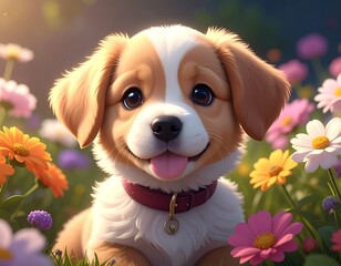 Adorable puppy surrounded by colorful flowers. Close up, soft lighting