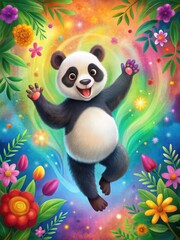 Fototapeta premium Happy panda dancing on a colorful background with flowers and leaves
