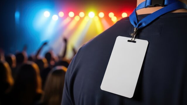 Energetic and vibrant blurred background of a concert crowd with raised hands illuminated by colorful stage lights, focuses on the back of a person wearing a dark shirt and a blue lanyard with a blank - Powered by Adobe