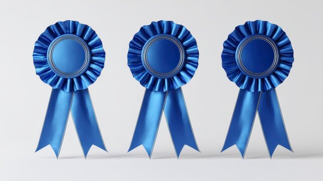 Three bright blue rosette ribbons with long ribbons against a clean white background. Perfect for celebrations