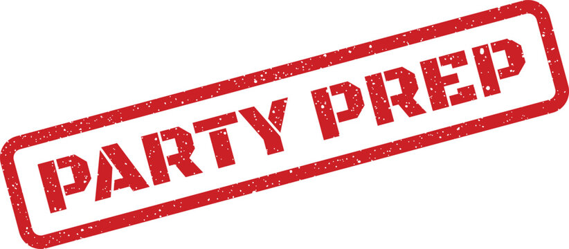 Distressed red rubber stamp displaying the essential phrase PARTY PREP within a rectangular and speckled outline