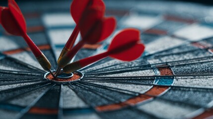 Three red projectiles embedded in the bullseye of a target, symbolizing accuracy and achievement. Focus is sharp