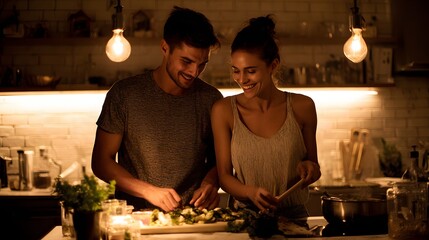 Couple cooking together in a warm kitchen under pendant lights.
