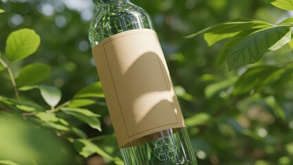 Sun-drenched, minimalist glass bottle with a textured kraft paper label, partially obscured by vibrant green foliage, bathed in soft, dappled sunlight within a lush outdoor setting, intended for