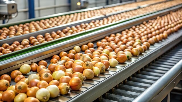 Onions along a conveyor belt in a food processing plant