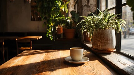 Cozy Coffee Break - Sunlight, Plants, and a Warm Drink.