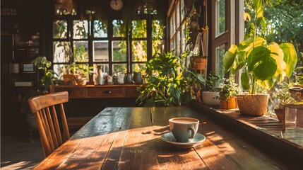 Cozy Coffee Shop Scene with Sunlight and Plants.