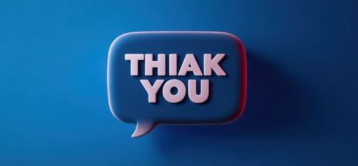 3d blue speech bubble with chunky pink letters reading THIAK YOU, soft studio lighting and shadow on blue background, playful quirky expression of gratitude