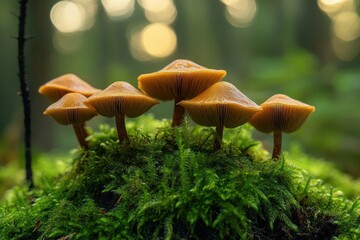 cluster of small orange-brown mushrooms with visible gills growing on vibrant green moss in a sunlit forest, peaceful and magical mood