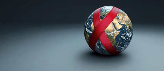 blue and gold earth globe wrapped in crossed red leather straps on a dark empty background, conveying tension, restraint and a sense of global crisis
