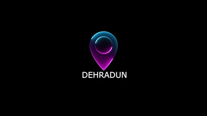 Dehradun tex animated video.glowing neon location the name of the place with the location has been displayed.Neon Geolocation Marker Dehradun Highlight GPS location tracking icon,with 4k video.