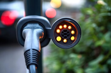 Close-up electric vehicle charging connector with glowing orange indicator lights and cable, blurred red taillights and green foliage in background, sense of readiness