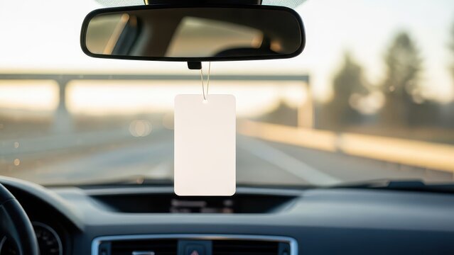 Pristine white rectangular paper car air freshener hangs delicately from the rearview mirror within a modern vehicle&rsquo;s interior, bathed in the soft, golden light of a scenic highway drive during a