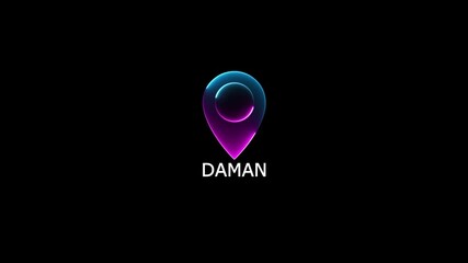 Daman tex animated video.glowing neon location the name of the place with the location has been displayed.Neon Geolocation Marker Daman Highlight GPS location tracking icon,with 4k video.