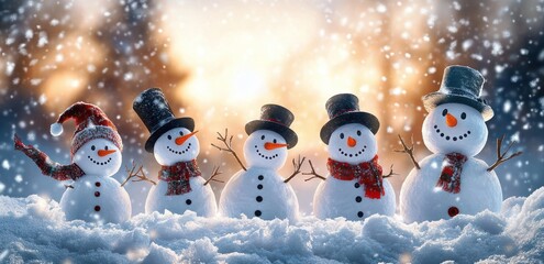 Five cheerful snowmen with carrot noses, coal eyes and buttons, twig arms and colorful scarves, wearing top hats and a red knit pom-pom hat, smiling in falling snow at a warm glowing sunset