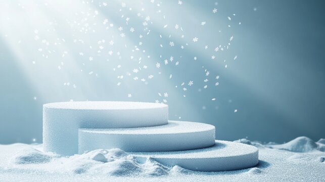 Christmas tree with white snowdrift,snowflakes,snow land,podium with bauble,Christmas theme stage podium mock up for product placement,Happy New Year. Celebrate party,Xmas Poster,web banner,festive.