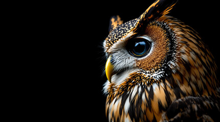 A majestic owl with luminous deep blue eyes observing the world with silent wisdom ultra close up