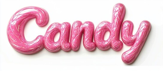 glossy pink balloon-style 3d script letters spelling candy with white swirl streaks and shiny highlights on a white background conveying playful cheerful sweetness