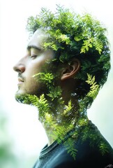 Side profile portrait of a person with upper torso visible, whose head and neck merge with lush green fern foliage, evoking a serene, introspective connection with nature