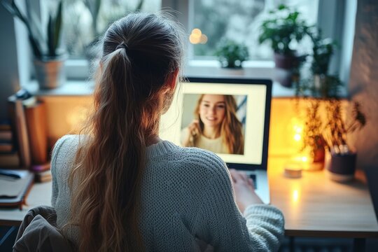 Back view of a person with long ponytail sitting at a cozy desk using a laptop surrounded by potted plants, warm lamp light and notebooks, conveying calm focused evening work - Powered by Adobe