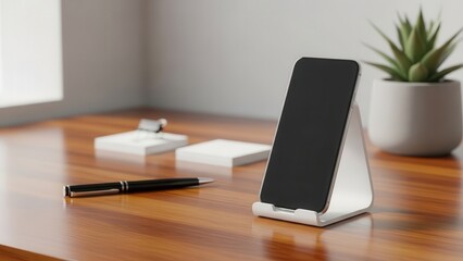 Naklejka premium Minimalist, clean, and modern smartphone mockup displayed on a sleek white stand, resting on a polished wooden desk near a small notepad and a vibrant green succulent plant, bathed in soft, natural