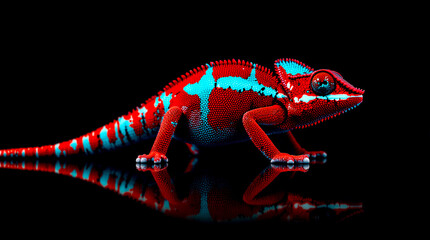 Mesmerizing chameleon displays intense red and bright blue hues vivid spectacle mirrored on dark