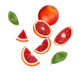 eye-catching photograph of blood orange slices and whole fruit with leaves, perfect for showcasing vibrant colors and healthy citrus options for blog content.