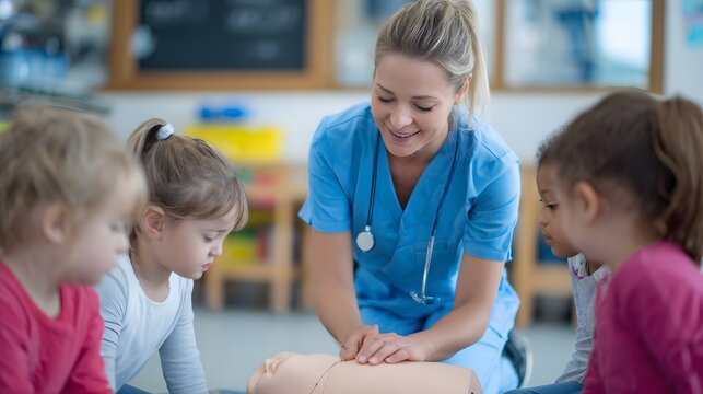 CPR Training for Children - A Nurse Demonstrates Life-Saving Techniques. - Powered by Adobe