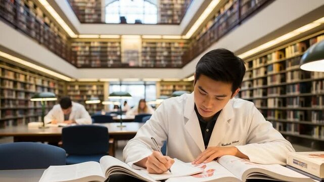 Focused Male Student in White Lab Coat Studying in Modern Library with Shelves of Books
