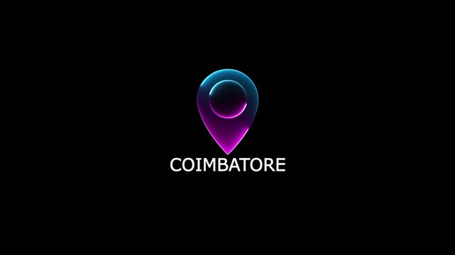 Coimbatore tex animated video.glowing neon location the name of the place with the location has been displayed.Neon Geolocation Marker Coimbatore Highlight GPS location tracking icon and 4k video.