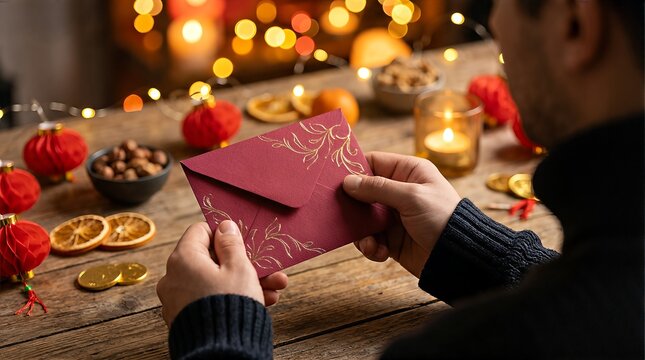 Man holding red envelope on wooden table. - Powered by Adobe