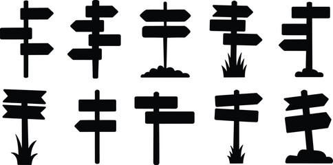 Directional signpost silhouettes, black vector icons, arrow signs, navigation clipart, wayfinding design, road signage, travel symbol, signpost bundle, graphic elements, silhouette set, © Hey There
