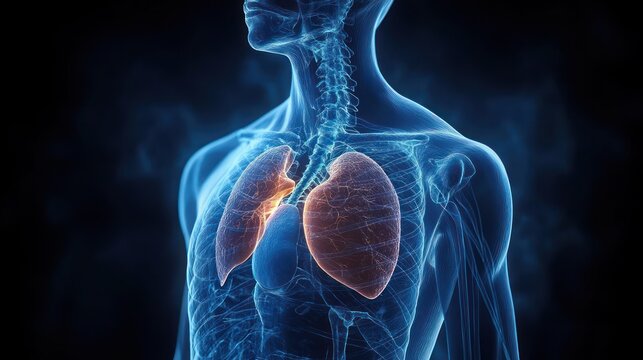 translucent human torso with glowing highlighted lungs, visible trachea, bronchi, ribcage and spine in a clinical x-ray style conveying a calm scientific atmosphere