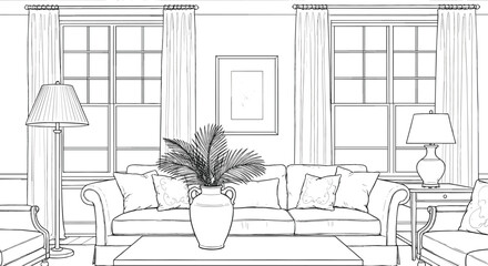 Classical living room architectural line art sketch with a rolled-arm sofa, large decorative floor vase, and twin windows
