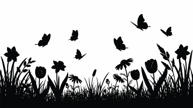 Serene spring meadow silhouette vibrant wildflowers and dancing butterflies bringing nature's beauty to life