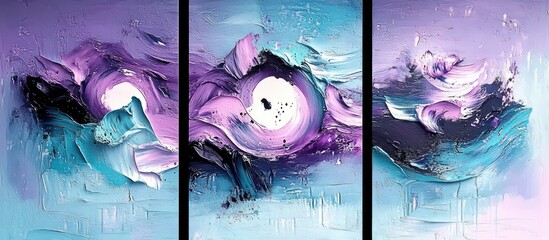 Triptych abstract impasto painting with three vertical panels separated by black gaps, swirling purple and teal brushstrokes, white circular centers like moons, bold textured and dreamy energy