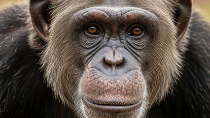 Close up portrait of a chimpanzee face with detailed fur and expressive eyes.