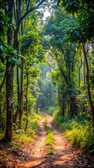Fototapeta premium Dirt path leading through dense foliage in Bhadra Tiger Reserve