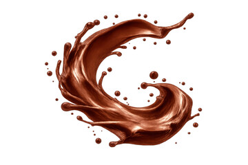 Dark melted chocolate splash creating a dynamic liquid swirl with drops, rich cocoa beverage flowing on transparent background