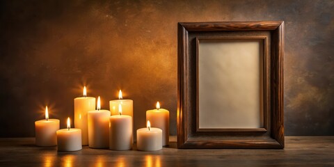 A memorial display with multiple candles placed around an empty picture frame on a dark