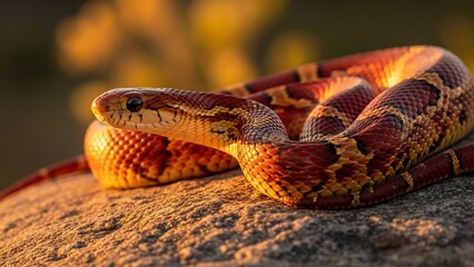 Fototapeta premium Close-up of a beautiful corn snake basking on a rock in warm sunlight.