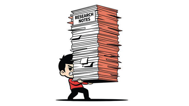 Overwhelmed Student Carrying Huge Stack of Research Notes Books and Papers for Study Exams Thesis or Dissertation