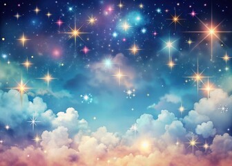 A celestial backdrop with soft pastel hues and twinkling stars against a dark blue sky