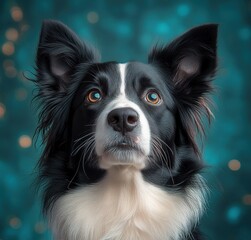 close-up portrait of an attentive black and white dog with large ears and expressive brown eyes against a teal bokeh background, hopeful and curious expression