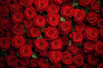 Dense bed of deep red roses with emerald leaves, close-up floral display evoking romance, passion and luxurious abundance