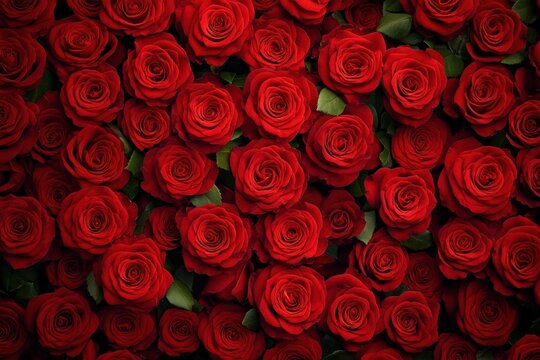 Dense bed of deep red roses with emerald leaves, close-up floral display evoking romance, passion and luxurious abundance