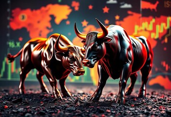 Bull and bear market trends with national symbols behind, conveying financial news,  economy,  America