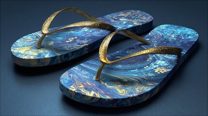 Luxurious Blue Marble Flip Flops with Gold Straps Silhouette