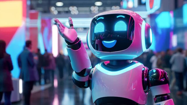 Cute humanoid robot waving hand at tech exhibition, friendly artificial intelligence character, future technology, innovation and robotics concept
